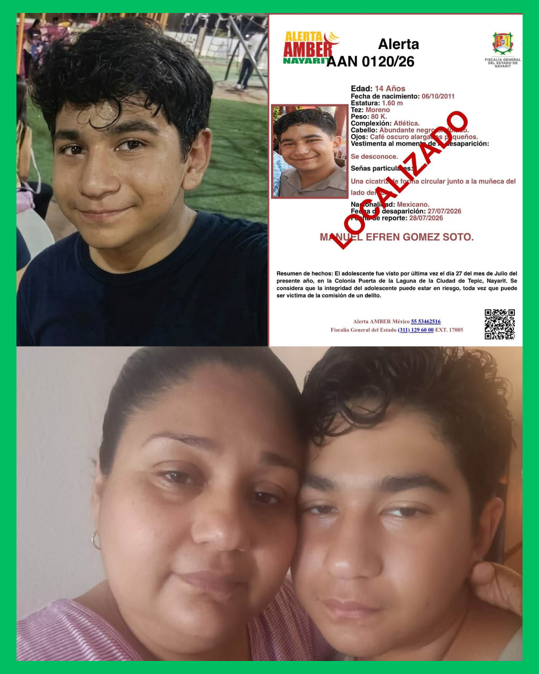 ¡LOCALIZAN A MANUEL EFRÉN! EL ADOLESCENTE DE 14 AÑOS YA ESTÁ CON SU FAMILIA