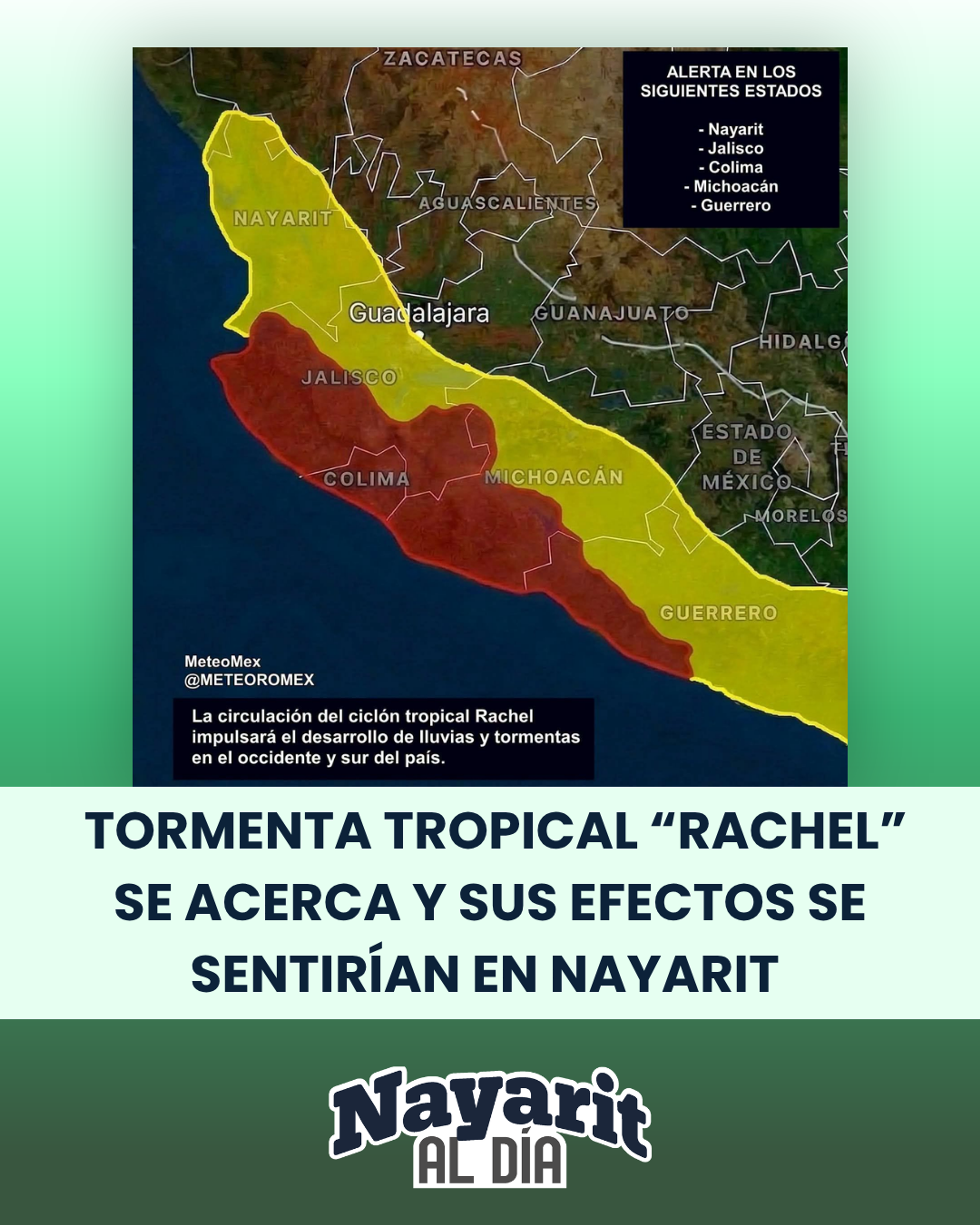 TORMENTA TROPICAL “RACHEL” SE ACERCA Y SUS EFECTOS SE SENTIRÍAN EN NAYARIT DESDE MAÑANA