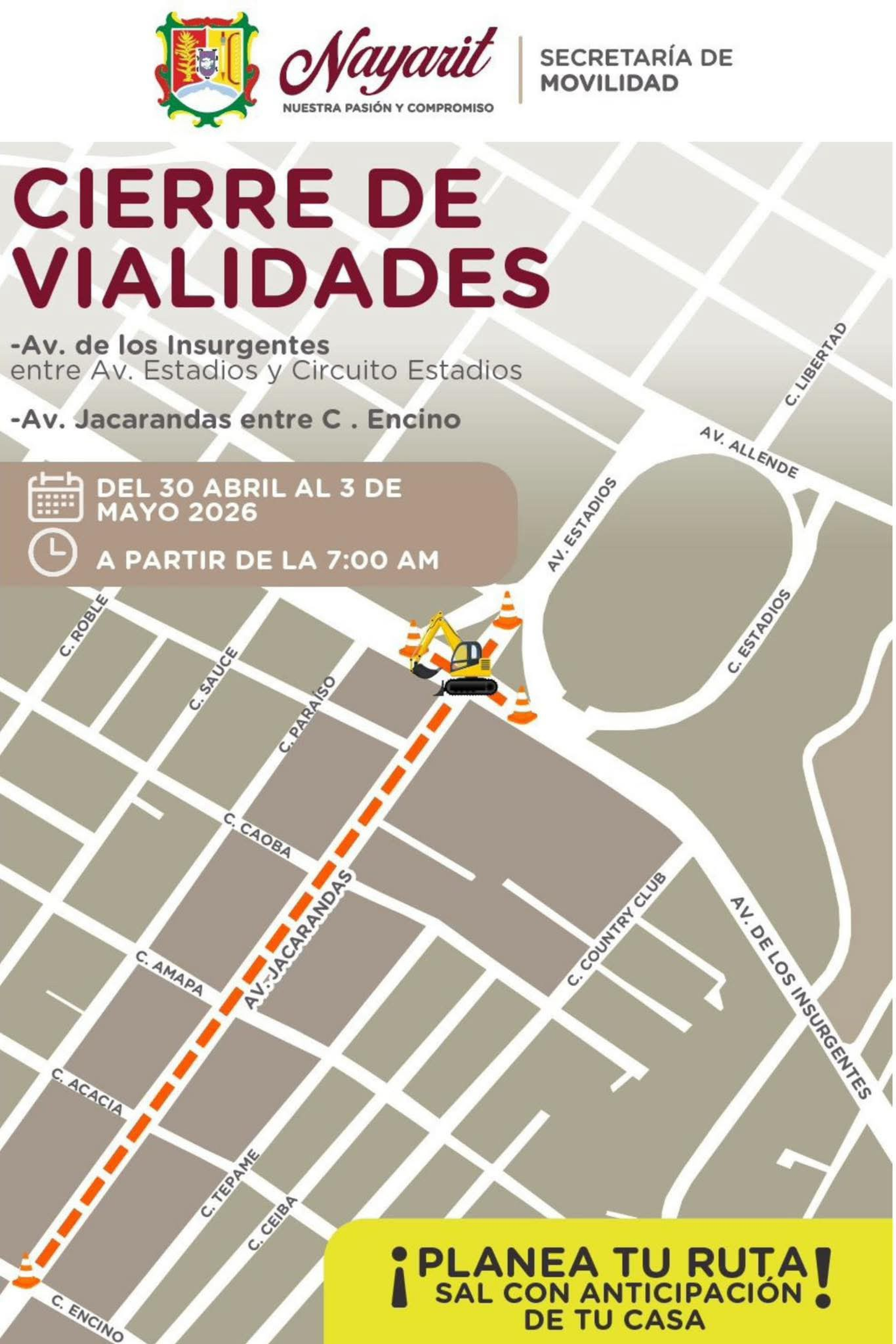CIERRE VIAL EN AVENIDA JACARANDAS E INSURGENTES 