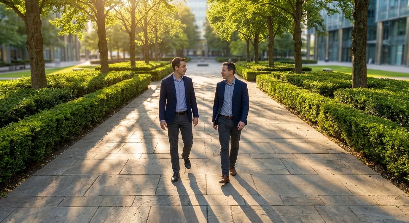 Two men walking together through a park — LGBTQ+ financial advisor in conversation with a high-earning professional client
