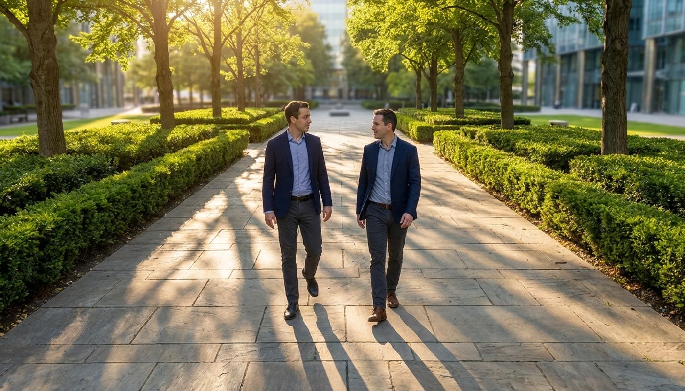 Two men walking together through a park — LGBTQ+ financial advisor in conversation with a high-earning professional client