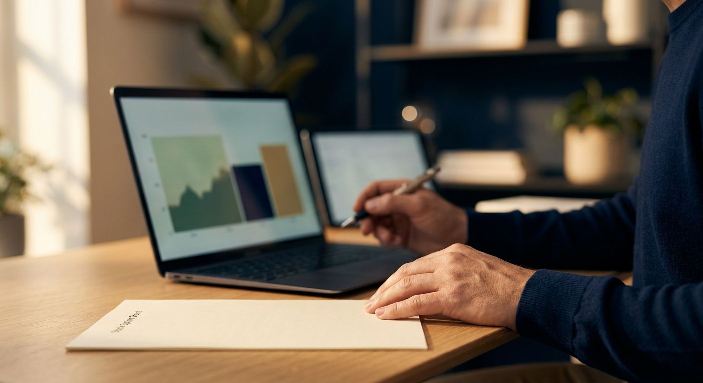 Person reviewing a stock option grant document beside a laptop displaying a financial chart, in a modern office setting — stock options ISO NSO explained for LGBTQ+ professionals