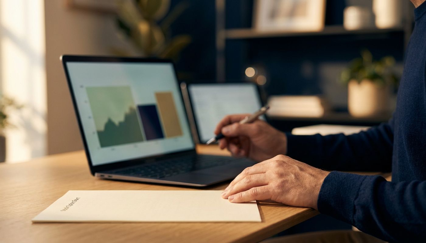 Person reviewing a stock option grant document beside a laptop displaying a financial chart, in a modern office setting — stock options ISO NSO explained for LGBTQ+ professionals