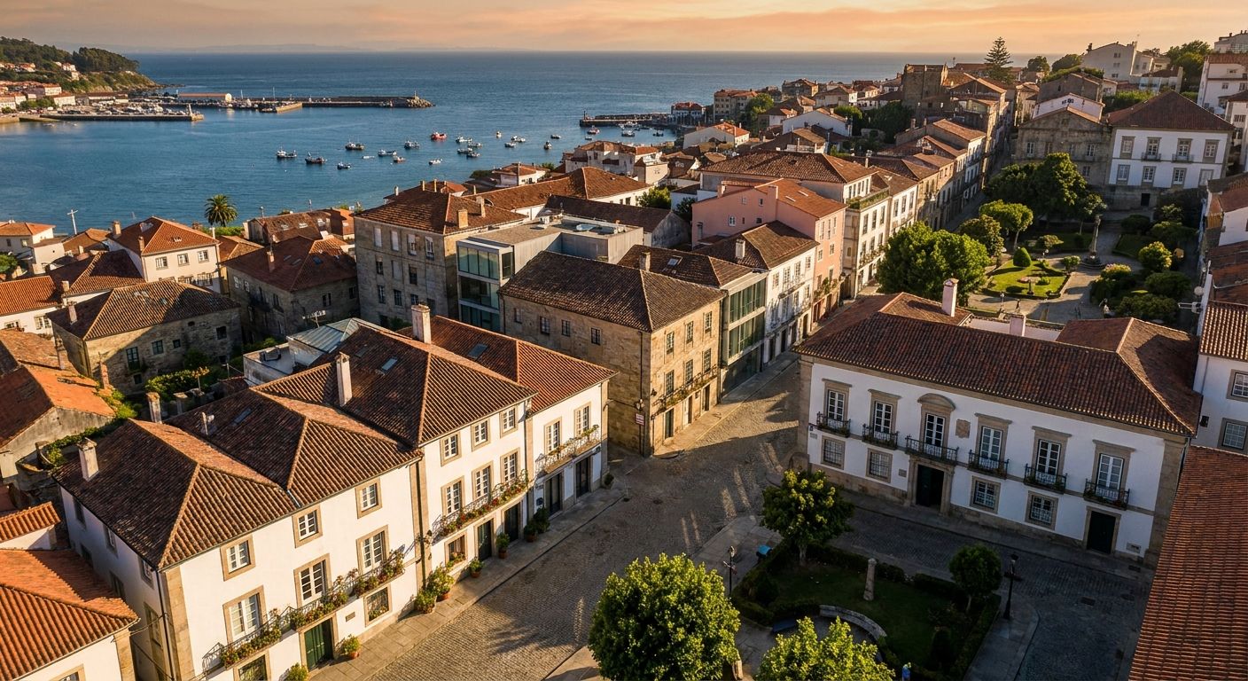 Aerial view of a small coastal European town at golden hour with warm light on rooftops and water in the distance, representing LGBTQ+ expat financial planning
