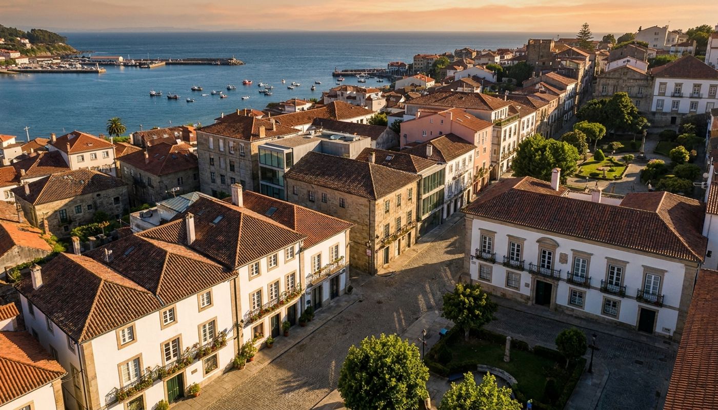 Aerial view of a small coastal European town at golden hour with warm light on rooftops and water in the distance, representing LGBTQ+ expat financial planning