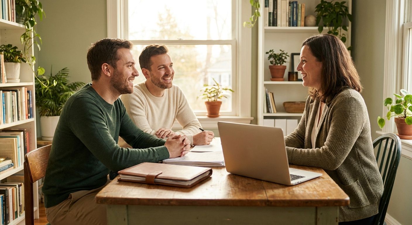 A same-sex male couple meeting with a fiduciary financial advisor at a table in a sunlit home office