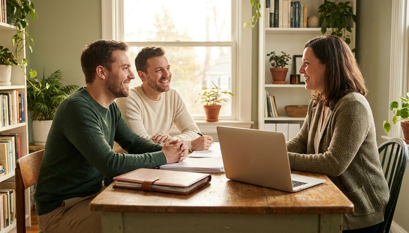 A same-sex male couple meeting with a fiduciary financial advisor at a table in a sunlit home office