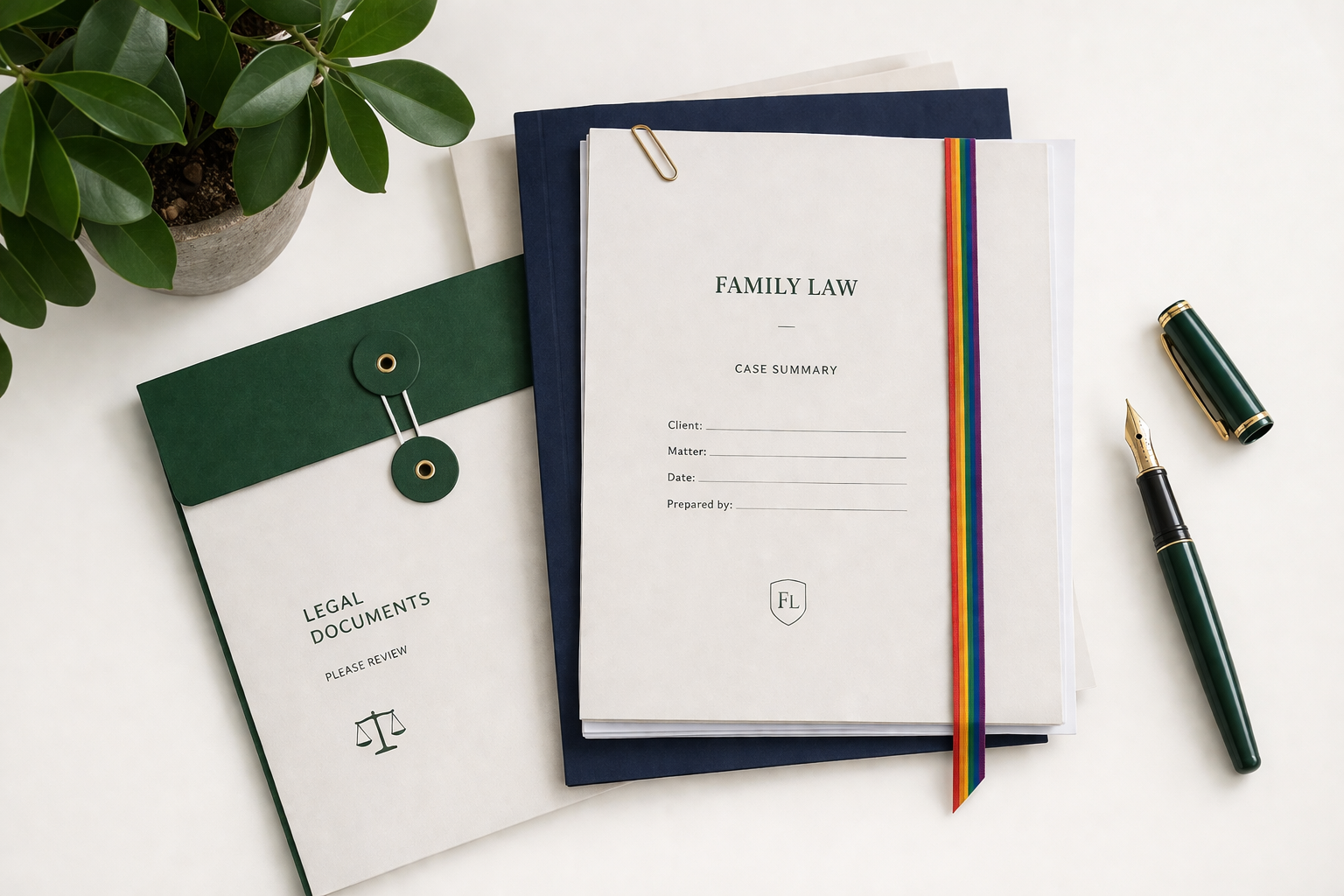 A flat lay of legal documents, a fountain pen, and a small green plant on an off-white surface — representing the essential estate planning documents every LGBTQ+ couple needs to protect their future.
