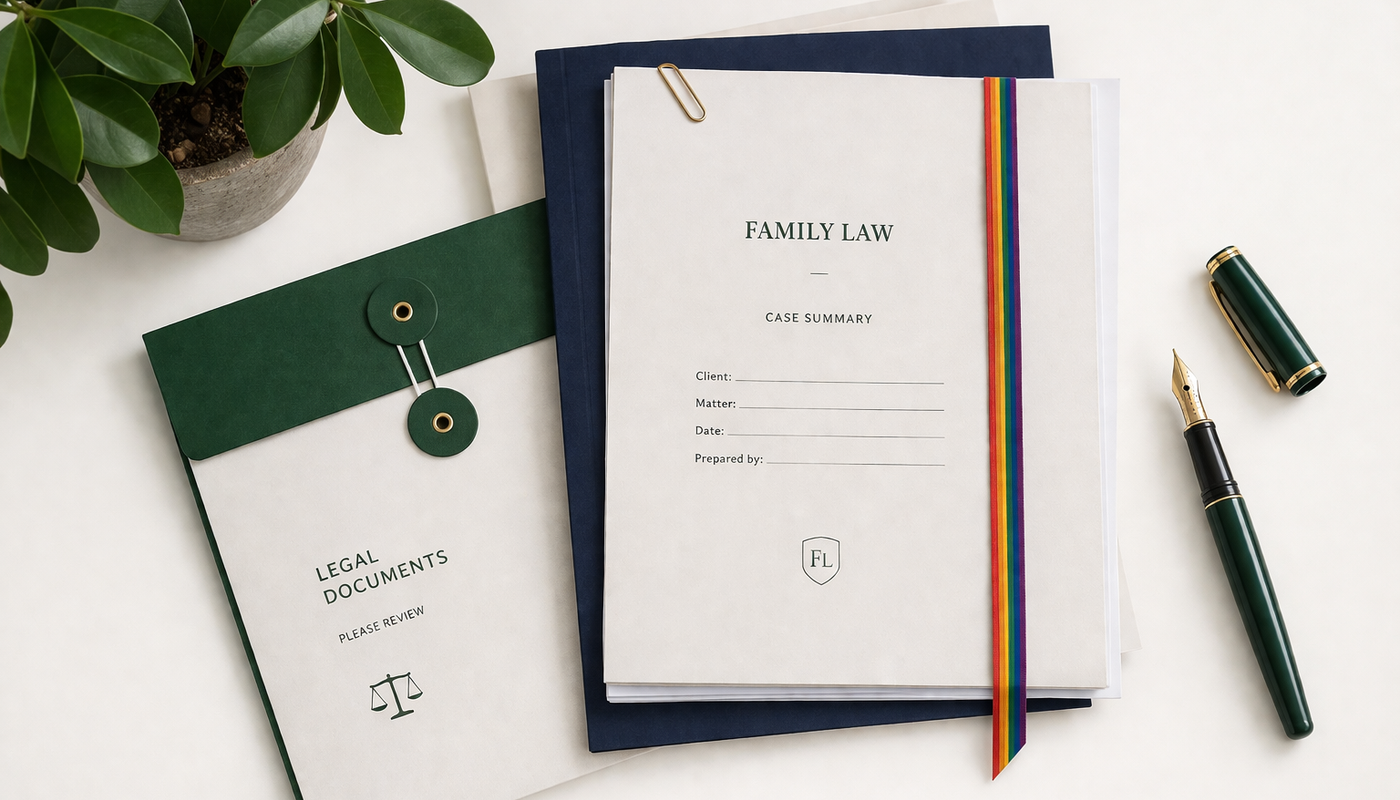 A flat lay of legal documents, a fountain pen, and a small green plant on an off-white surface — representing the essential estate planning documents every LGBTQ+ couple needs to protect their future.