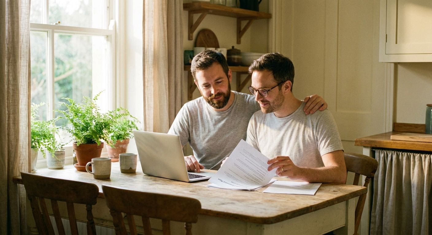 LGBTQ+ family in a warm, cozy home during golden hour, sharing a tender moment together.