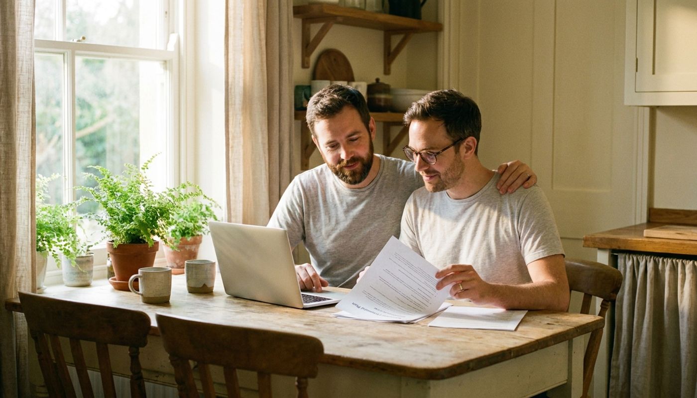 LGBTQ+ family in a warm, cozy home during golden hour, sharing a tender moment together.