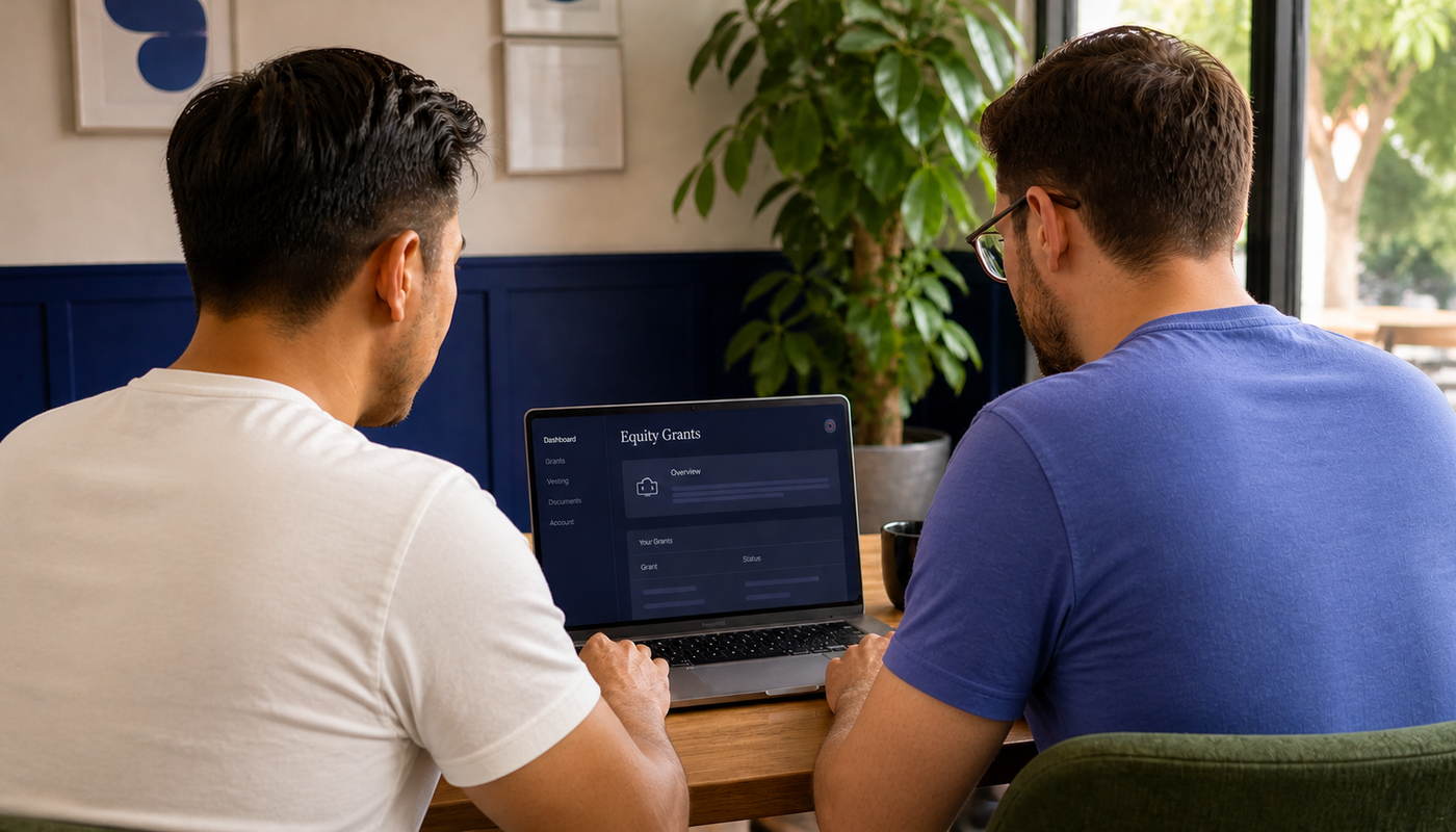 Two gay men reviewing financial documents together on a laptop in a modern, warmly lit office space.