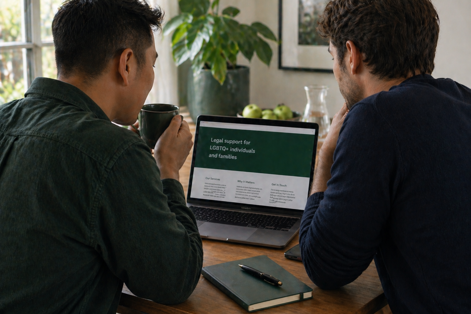 Two people sitting together at a desk reviewing finances on a laptop, representing LGBTQ+ couples navigating joint money decisions in a calm, collaborative setting.