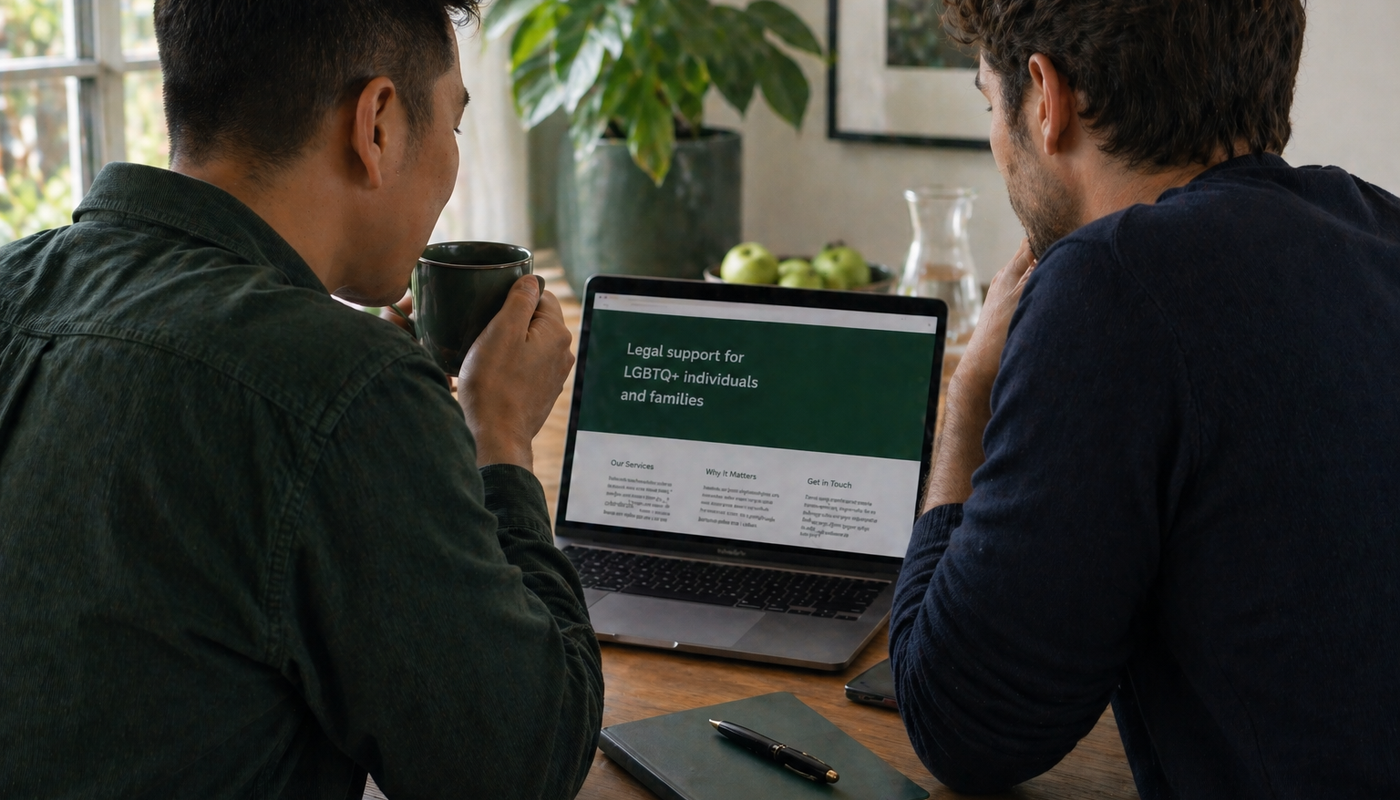 Two people sitting together at a desk reviewing finances on a laptop, representing LGBTQ+ couples navigating joint money decisions in a calm, collaborative setting.