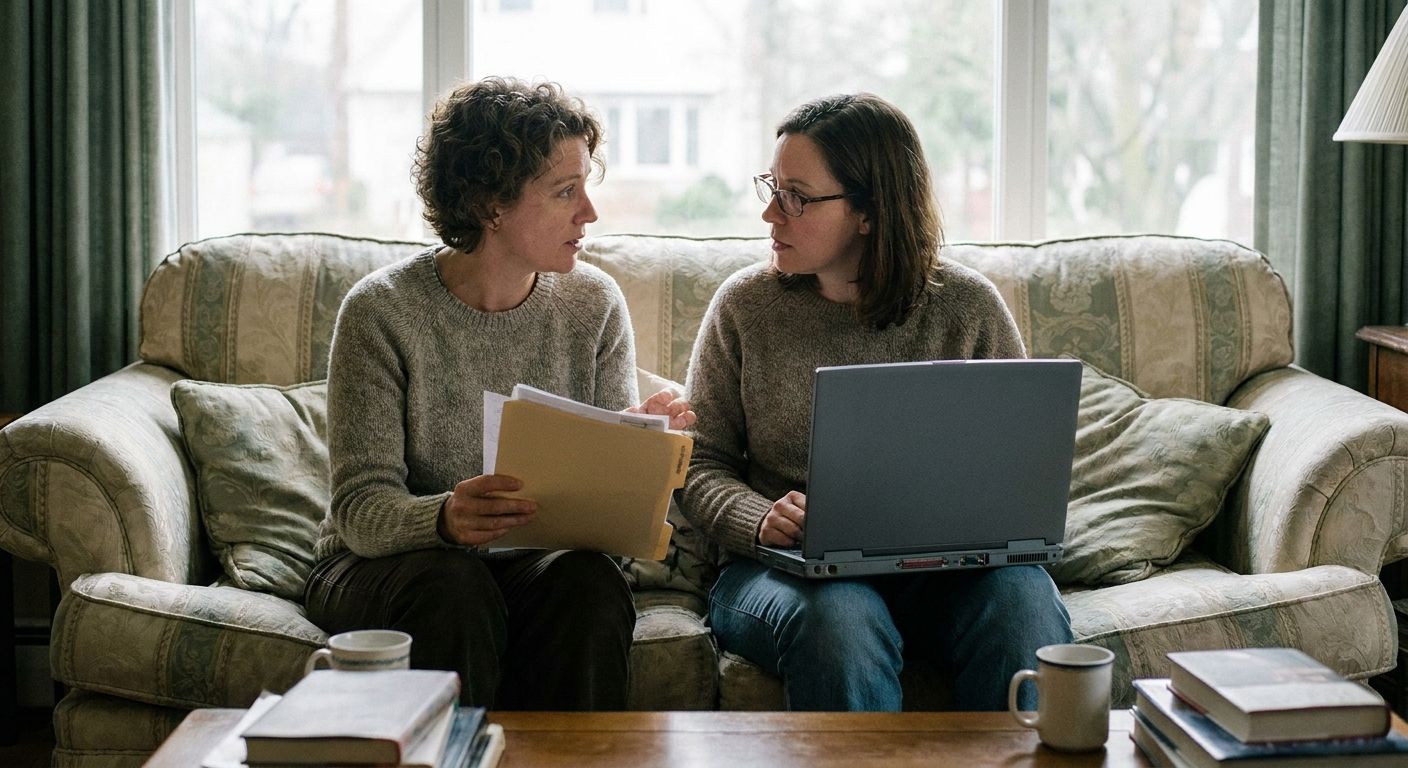Two women reviewing estate documents and a laptop together on a living room couch