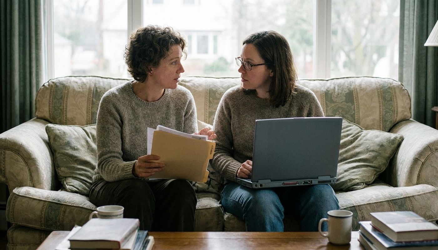 Two women reviewing estate documents and a laptop together on a living room couch