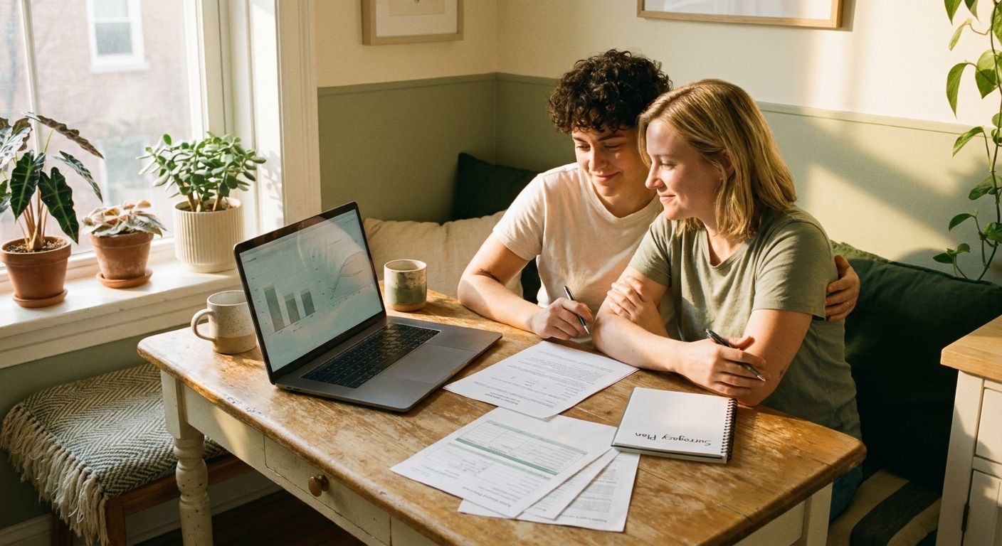 Couple sitting together at a kitchen table with a laptop in warm golden-hour light, planning surrogacy financing as LGBTQ+ parents