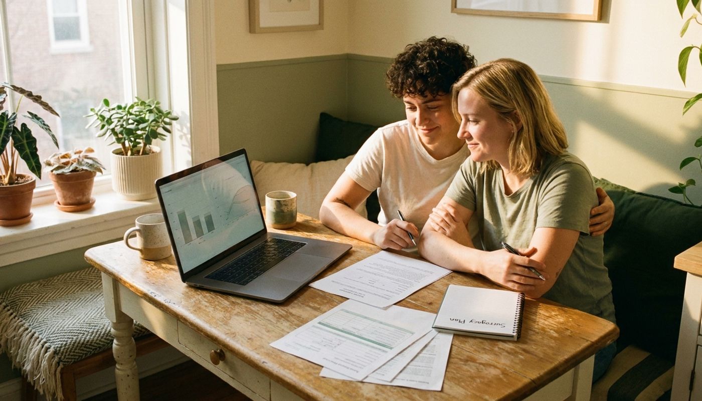 Couple sitting together at a kitchen table with a laptop in warm golden-hour light, planning surrogacy financing as LGBTQ+ parents