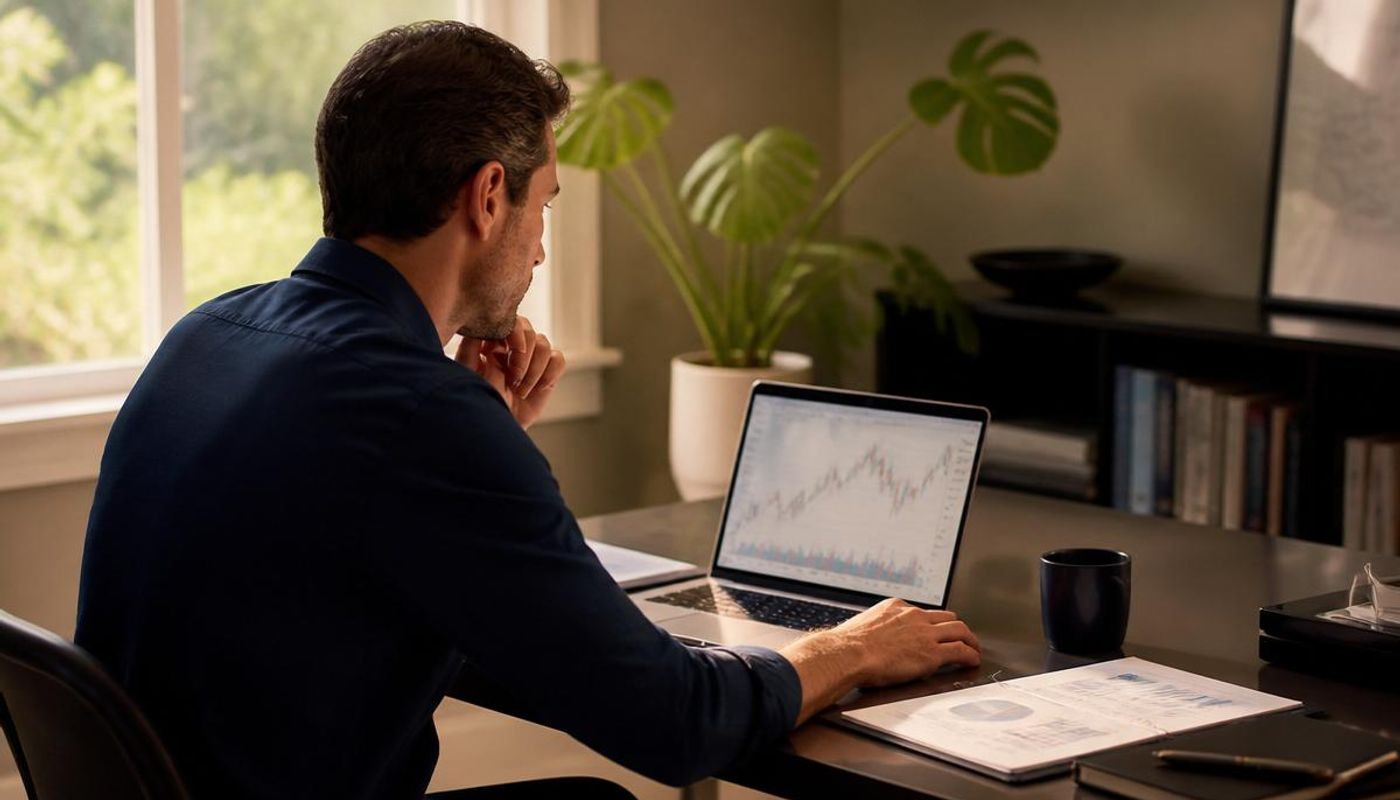 Person in business-casual attire reviewing documents on a laptop at a minimalist desk with soft natural daylight, RSU tax strategy for LGBTQ+ professionals