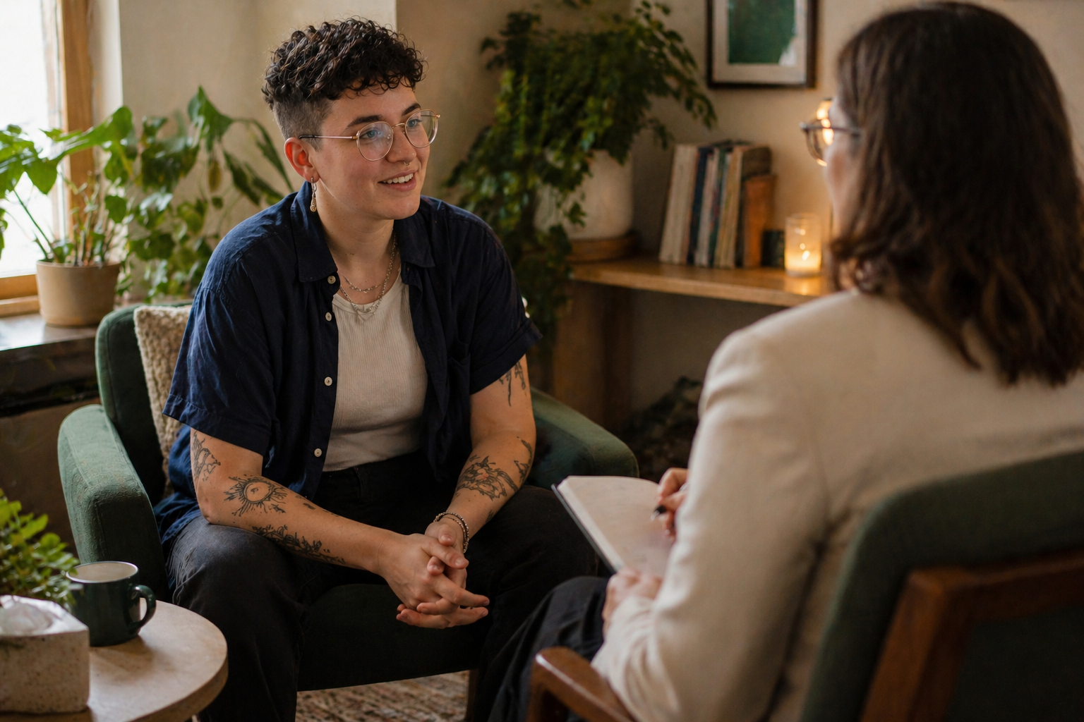 A gender-nonconforming person with tattoos and glasses sits in a relaxed conversation with a provider or advisor in a warm, plant-filled room — representing the supportive team approach to navigating gender-affirming care.
