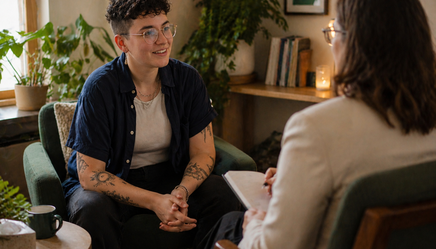 A gender-nonconforming person with tattoos and glasses sits in a relaxed conversation with a provider or advisor in a warm, plant-filled room — representing the supportive team approach to navigating gender-affirming care.