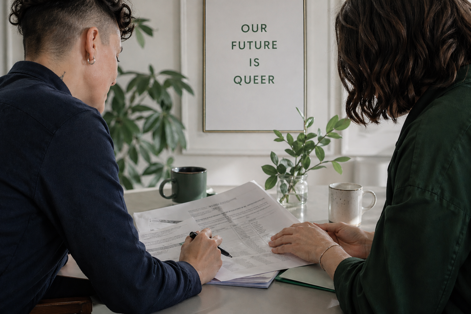 Two people reviewing financial documents together at a table, with a "Our Future Is Queer" poster visible in the background.