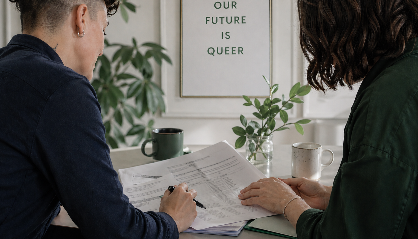 Two people reviewing financial documents together at a table, with a "Our Future Is Queer" poster visible in the background.