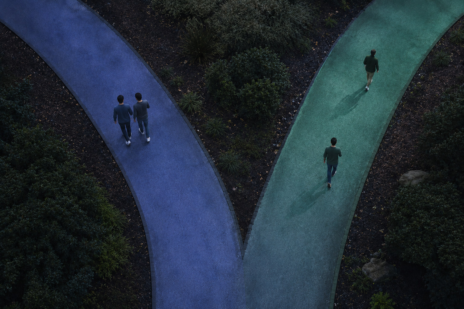 Marriage penalty same-sex couples — two men walking together on one path, two individuals on separate paths, illustrating married vs. single tax filing outcomes