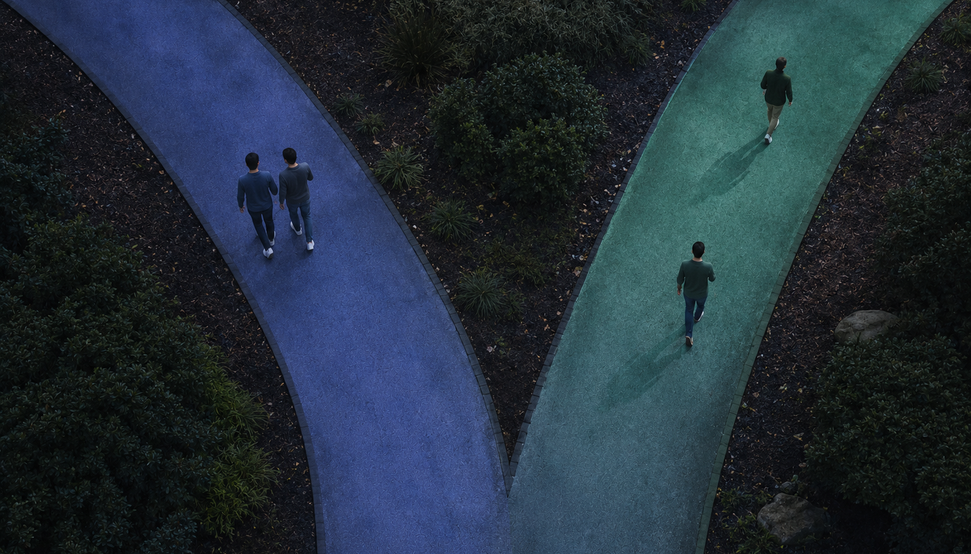 Marriage penalty same-sex couples — two men walking together on one path, two individuals on separate paths, illustrating married vs. single tax filing outcomes