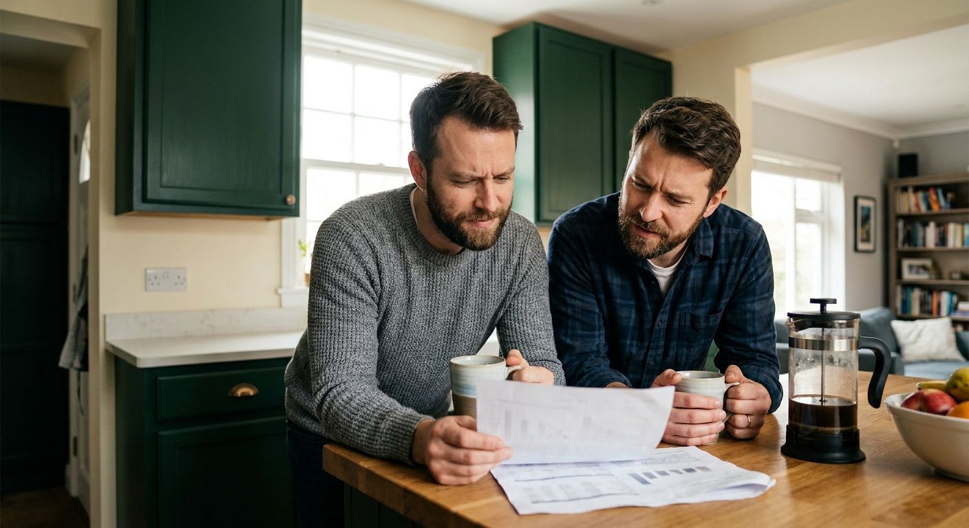 A same-sex male couple reviewing an advisor fee statement at their kitchen counter over coffee