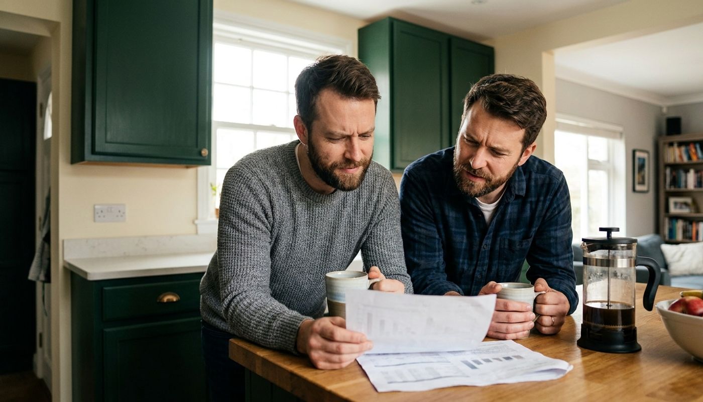 A same-sex male couple reviewing an advisor fee statement at their kitchen counter over coffee
