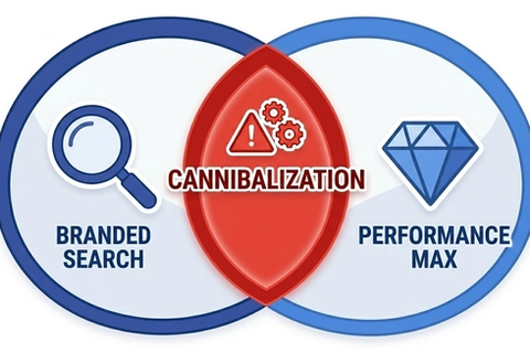 Venn diagram illustration showing overlap between branded search campaigns and Performance Max campaigns, with the cannibalization zone highlighted in red.