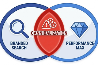 Venn diagram illustration showing overlap between branded search campaigns and Performance Max campaigns, with the cannibalization zone highlighted in red.