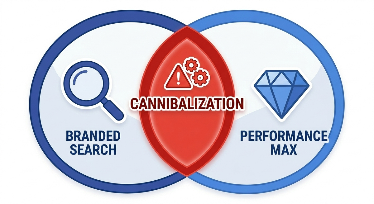  Venn diagram illustration showing overlap between branded search campaigns and Performance Max campaigns, with the cannibalization zone highlighted in red.