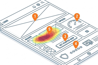  Isometric wireframe of a landing page with five numbered optimization points marking headline, page speed, call to action, trust signals, and heatmap analysis areas.