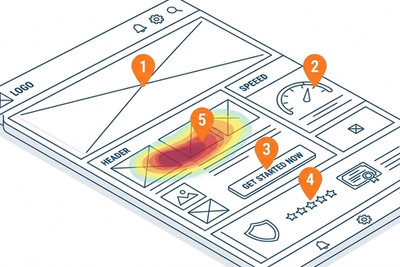  Isometric wireframe of a landing page with five numbered optimization points marking headline, page speed, call to action, trust signals, and heatmap analysis areas.