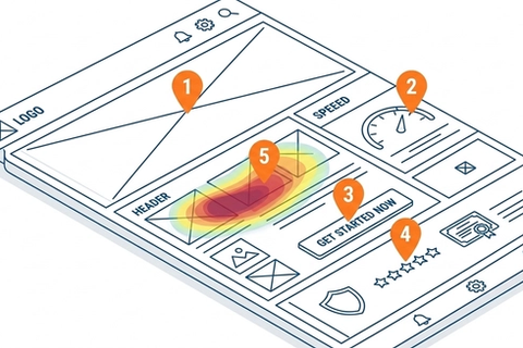  Isometric wireframe of a landing page with five numbered optimization points marking headline, page speed, call to action, trust signals, and heatmap analysis areas.