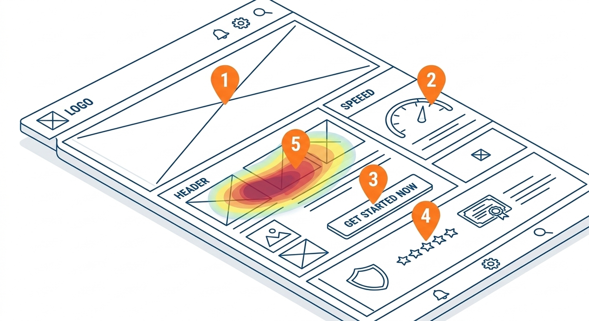  Isometric wireframe of a landing page with five numbered optimization points marking headline, page speed, call to action, trust signals, and heatmap analysis areas.