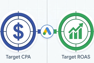Split comparison graphic showing Target CPA represented by a cost target icon and Target ROAS represented by a revenue growth chart icon, connected by a Google Ads logo.