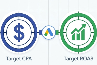 Split comparison graphic showing Target CPA represented by a cost target icon and Target ROAS represented by a revenue growth chart icon, connected by a Google Ads logo.