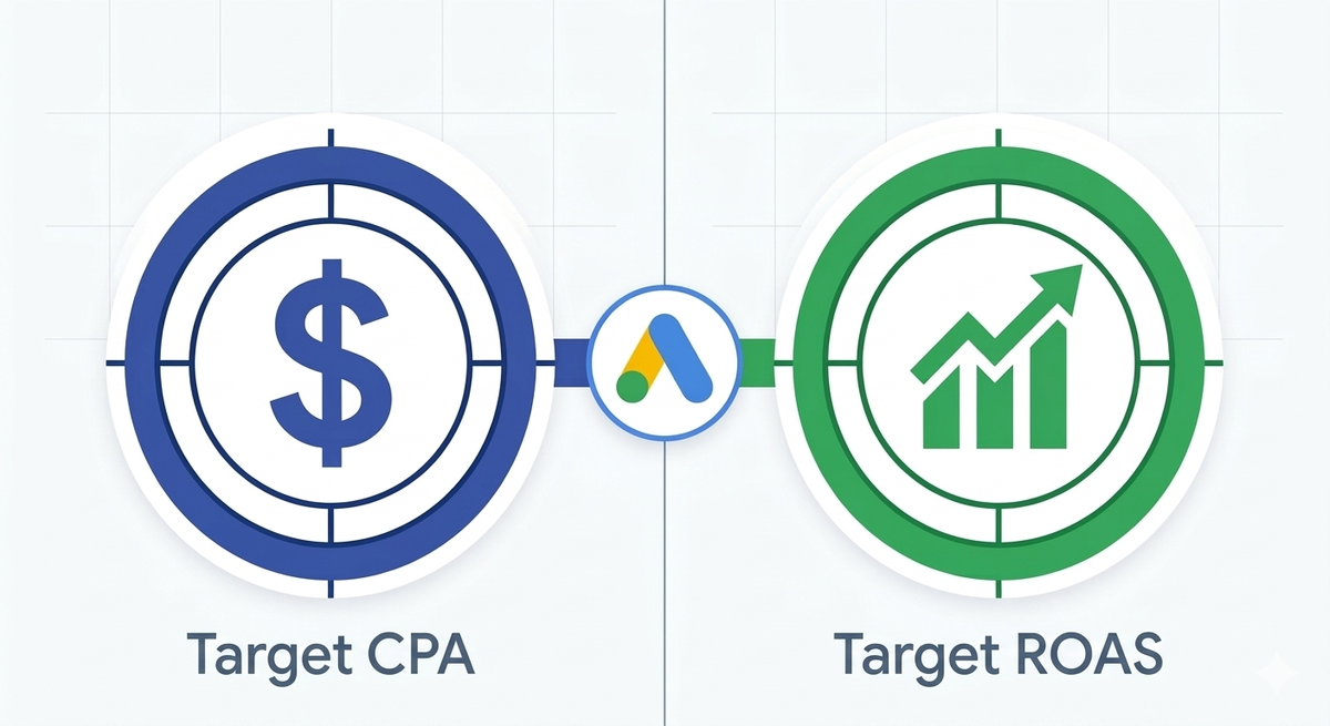 Split comparison graphic showing Target CPA represented by a cost target icon and Target ROAS represented by a revenue growth chart icon, connected by a Google Ads logo.