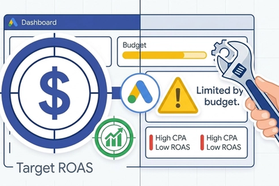Illustration of a Google Ads dashboard showing a Limited by Budget warning with a wrench icon representing optimization fixes.
