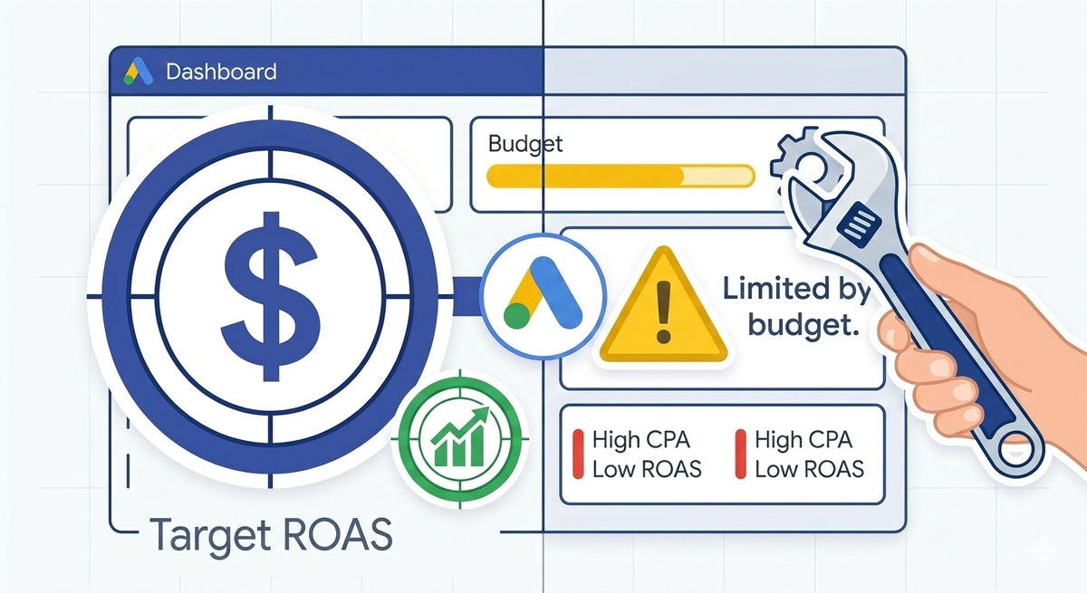 Illustration of a Google Ads dashboard showing a Limited by Budget warning with a wrench icon representing optimization fixes.
