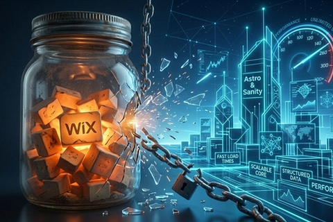 A conceptual 3D illustration showing a transition from a restricted, glass-encapsulated "Wix" building block set to an open, expansive, and high-performance "Astro & Sanity" digital architecture.