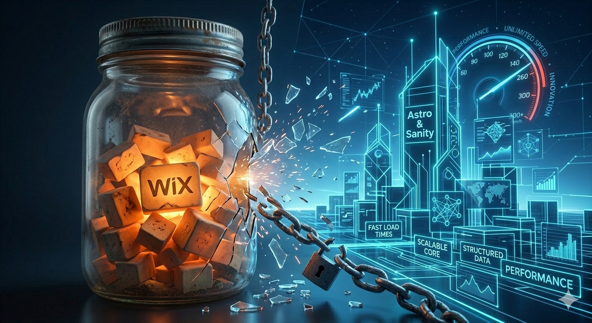 A conceptual 3D illustration showing a transition from a restricted, glass-encapsulated "Wix" building block set to an open, expansive, and high-performance "Astro & Sanity" digital architecture.