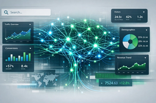 Abstract digital visualization of AI-driven PPC advertising data and neural networks in teal and blue.
