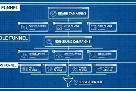 Blueprint-style diagram of a B2B SaaS Google Ads account structure organized by funnel stages with ad group blocks at each tier.