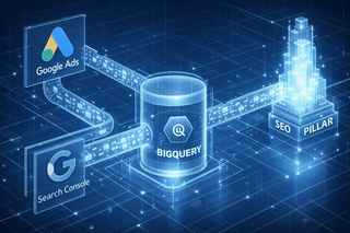 Schematic of an automated BigQuery data pipeline for SEO keyword harvesting.