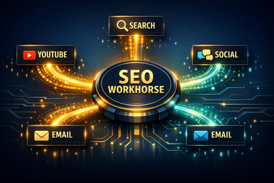 Strategic visualization of a cross-channel marketing ecosystem anchored by SEO content.