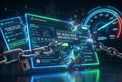 A digital interface breaking free from chains, symbolizing a transition from slow legacy systems to high-performance modern web architecture.